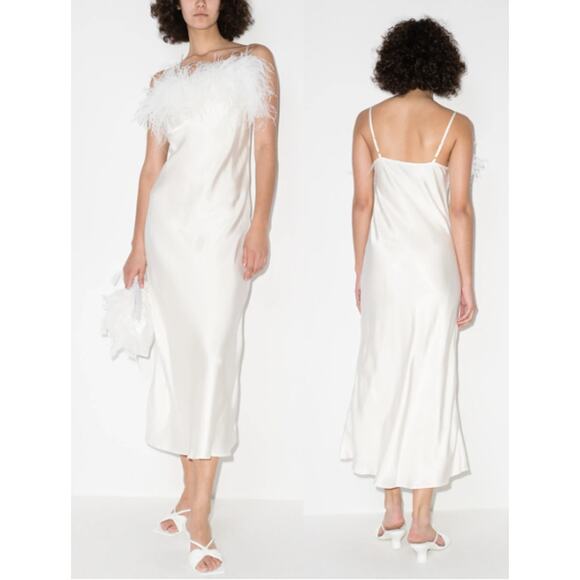 NWT Sleeper Boheme Feather-Trim Sleeveless Midi Slip Dress White Women's Size L - Picture 1 of 5